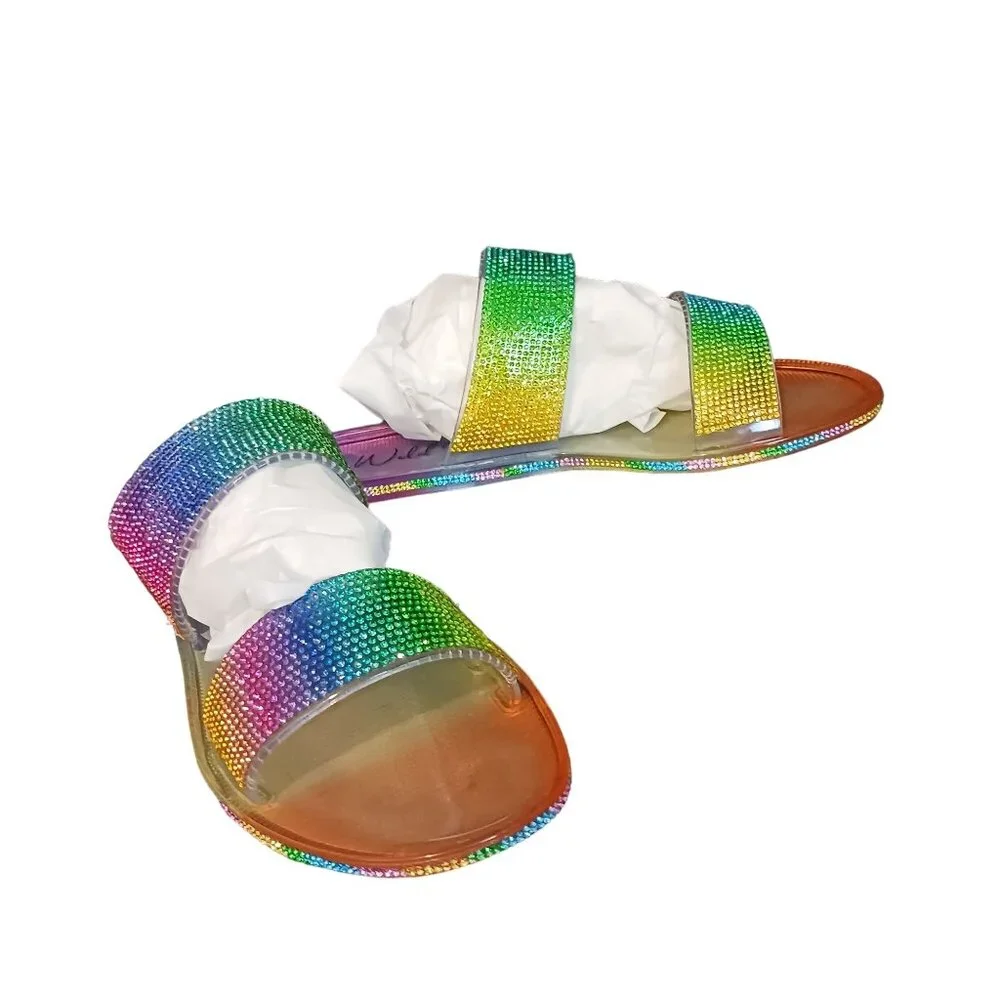 NEW Wild‎ Pair Juba Embellished Pool Side Jelly Sandals in Rainbow Bling Size 7